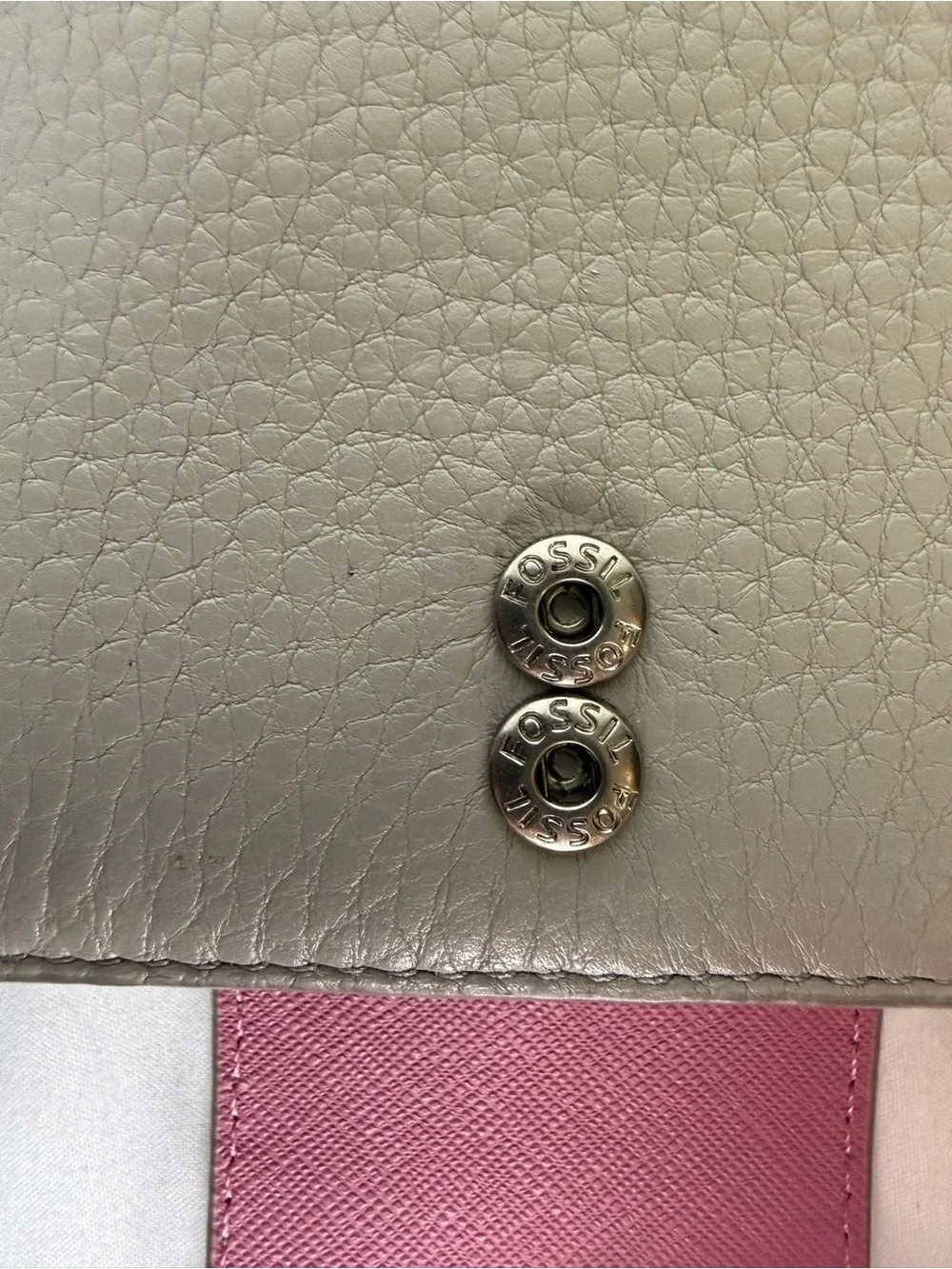 Fossil Gray Pebbled Leather Wristlet Wallet with Pink Trim